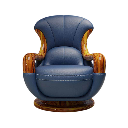 Blue Leather Swivel Lounge Chair with Wenge Wood Frame