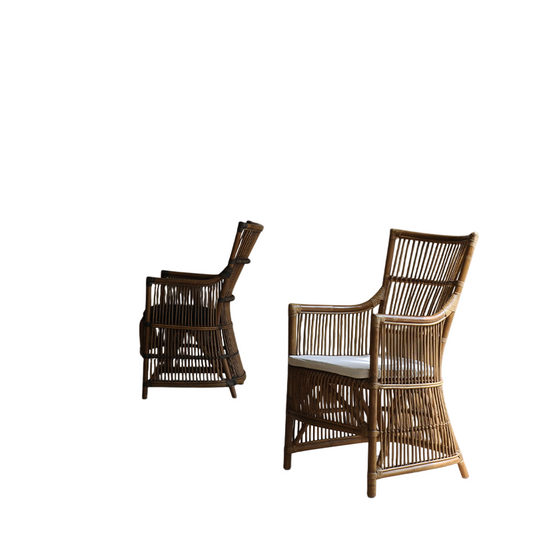 Natural Rattan Armchair with White Cushion, High Back, Vintage Brown
