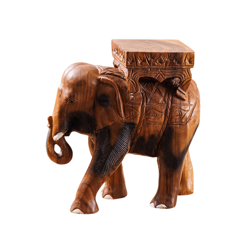 Hand Carved Elephant Stool, Solid Wood Animal Side Table with Square Seat, Rustic Entryway Shoe Bench, Plant Stand, Footstool, and Decorative Accent for Living Room, Bedroom, Porch, and Home Decor