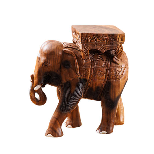 Hand Carved Elephant Stool, Solid Wood Animal Side Table with Square Seat, Rustic Entryway Shoe Bench, Plant Stand, Footstool, and Decorative Accent for Living Room, Bedroom, Porch, and Home Decor