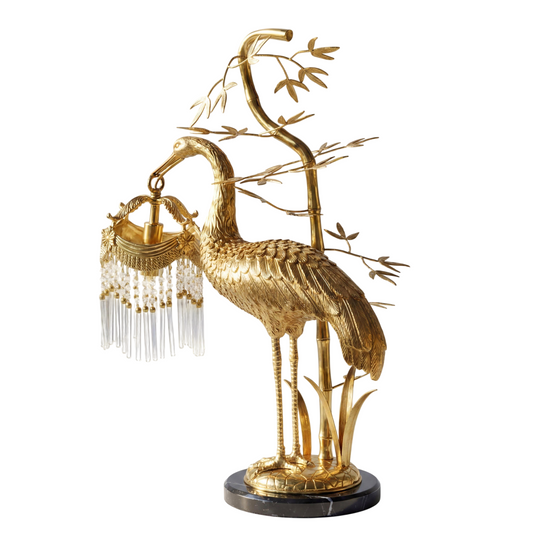 Brass Crane Table Lamp with Crystal Glass Fringe Shade, French Vintage Bird Sculpture Accent Lamp, Decorative Bedside Table Light for Living Room Bedroom Console Decor