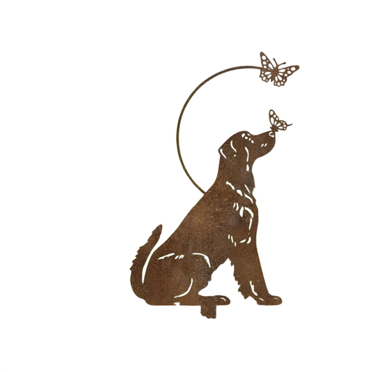Rustic Metal Labrador Dog Garden Stake with Butterflies, Dog Silhouette Yard Art, Vintage Pet Lawn Decor for Garden, Patio, Flower Bed, Backyard, Outdoor Animal Sculpture