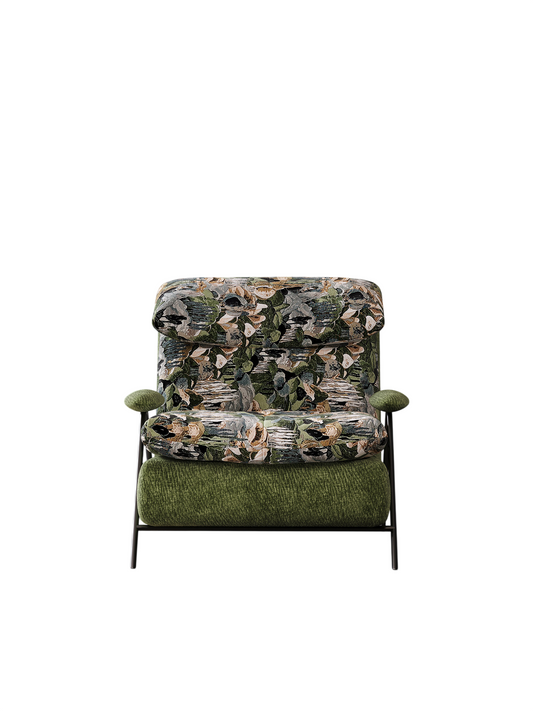 Green Floral Jacquard Lounge Chair, Wide Cushioned Accent Chair with Metal Frame, Modern Single Sofa Chair for Living Room, Bedroom, Reading Corner, Balcony, Hotel, Cafe, and Office