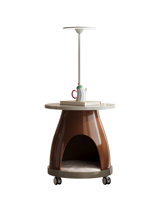Modern Pet Side Table with Built-In Cat House, Round End Table with Lamp Pole and Charging-Ready Top, Movable Accent Table for Living Room, Bedroom, Sofa Side, and Small Space Pet Furniture
