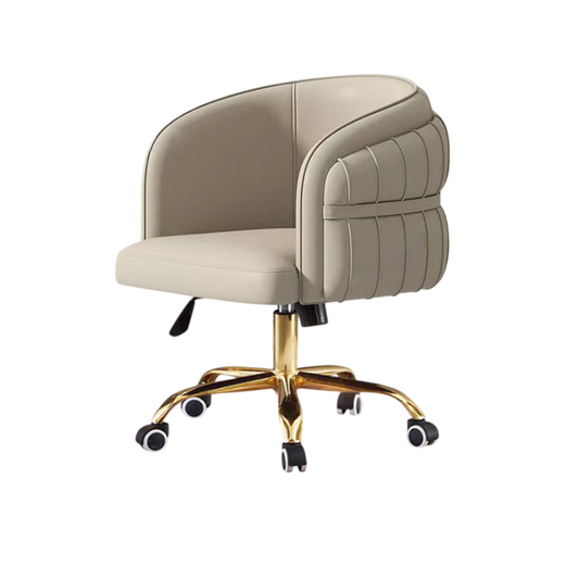 Cream White Upholstered Swivel Desk Chair, Height-Adjustable Vanity Chair with Wraparound Back, Fixed Padded Arms and Electroplated Five-Star Metal Base for Bedroom, Home Office and Study