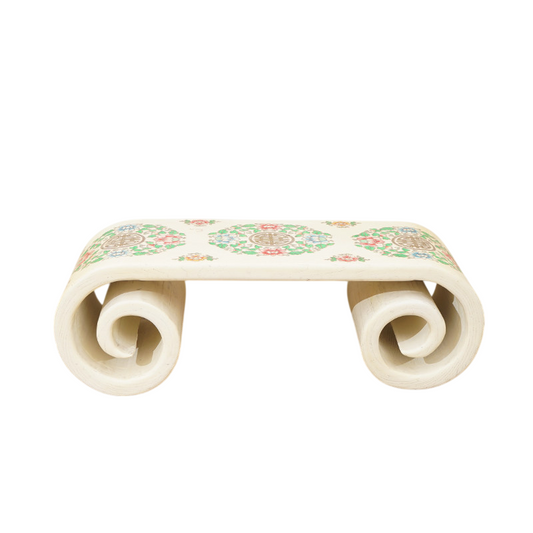 White Hand Painted Chinese Style Low Coffee Table, Solid Wood Scroll Base Tea Table with Floral Design, Vintage Inspired Floor Table for Living Room, Small Spaces, Tea Room, Meditation Room, and Lounge