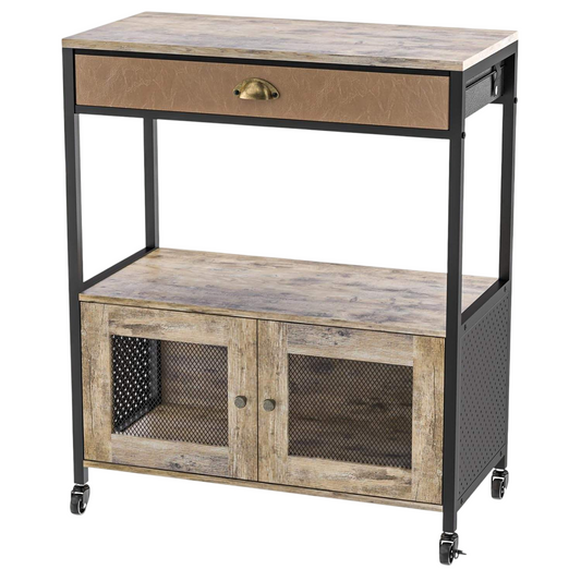 Rustic 3-Tier Rolling Coffee Cart with Drawer and Mesh Door Cabinet