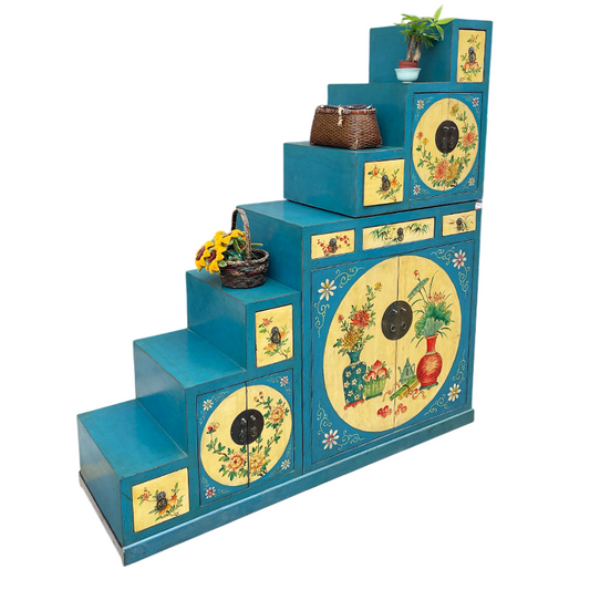 Peacock Blue Hand Painted Chinese Style Step Cabinet, Vintage Inspired Stair-Step Wood Storage Cabinet, Decorative Room Divider with Drawers and Doors for Living Room, Entryway, Hallway, and Display Storage