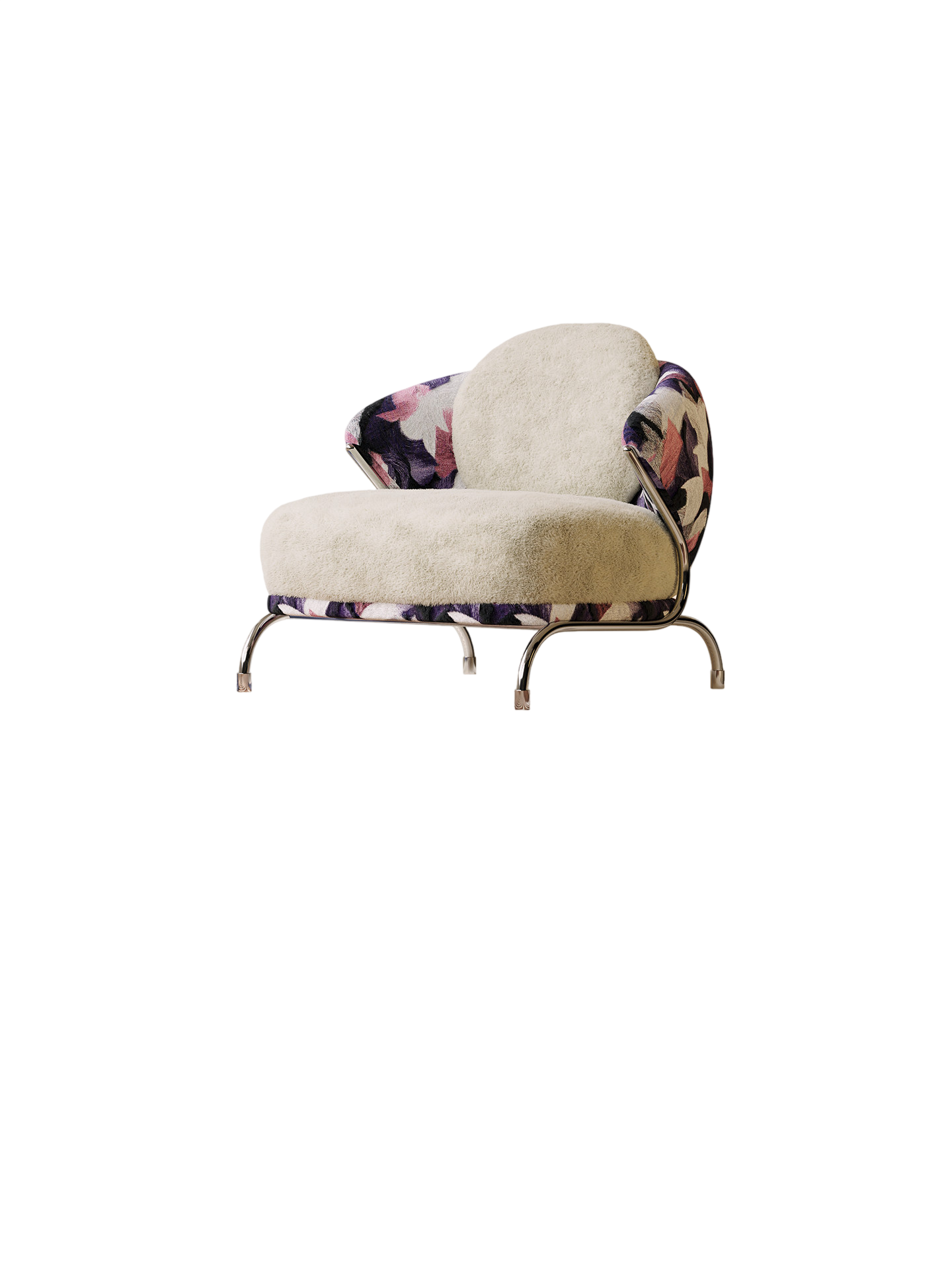 Modern Upholstered Accent Chair with Floral Fabric Arms, Plush Faux Mohair Lounge Chair, High-Density Foam Cushion and Metal Frame for Living Room, Bedroom, Reading Nook and Office, Cream Multicolor
