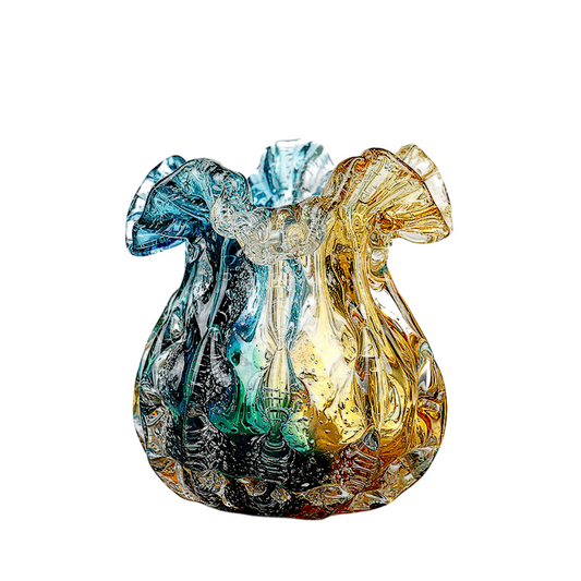 Blue and Amber Art Glass Vase with Ruffled Mouth for Flowers