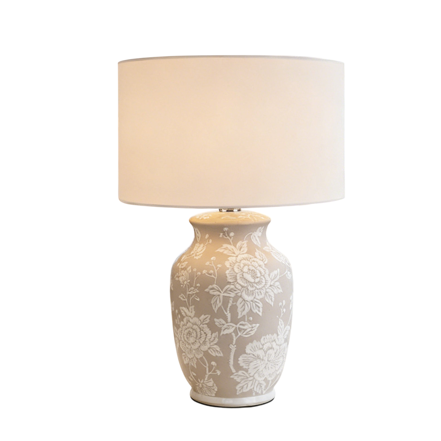 Beige Floral Ceramic Table Lamp with White Fabric Shade, Raised Flower Relief Bedside Lamp with E27 Socket and Button Switch, Decorative Nightstand Lamp for Bedroom Living Room
