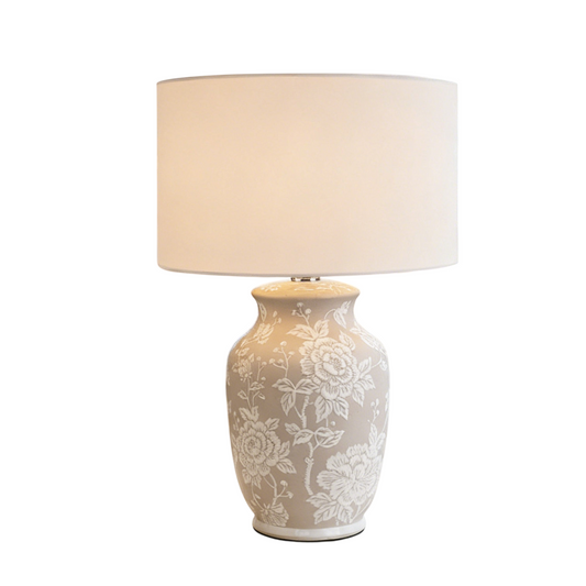 Beige Floral Ceramic Table Lamp with White Fabric Shade, Raised Flower Relief Bedside Lamp with E27 Socket and Button Switch, Decorative Nightstand Lamp for Bedroom Living Room