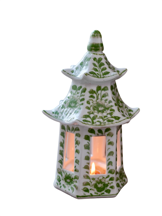 Green Floral Ceramic Pagoda Candle Holder, Decorative Tealight Lantern