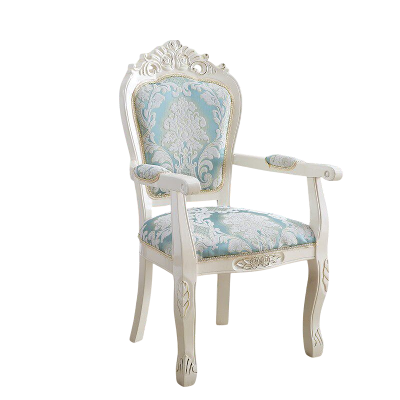 French Country Accent Armchair, Blue Floral Upholstered Dining Chair with Solid Wood Carved Frame, Vintage Fabric Desk Chair for Living Room, Bedroom, Vanity, Cafe, Hotel, and Reception Seating