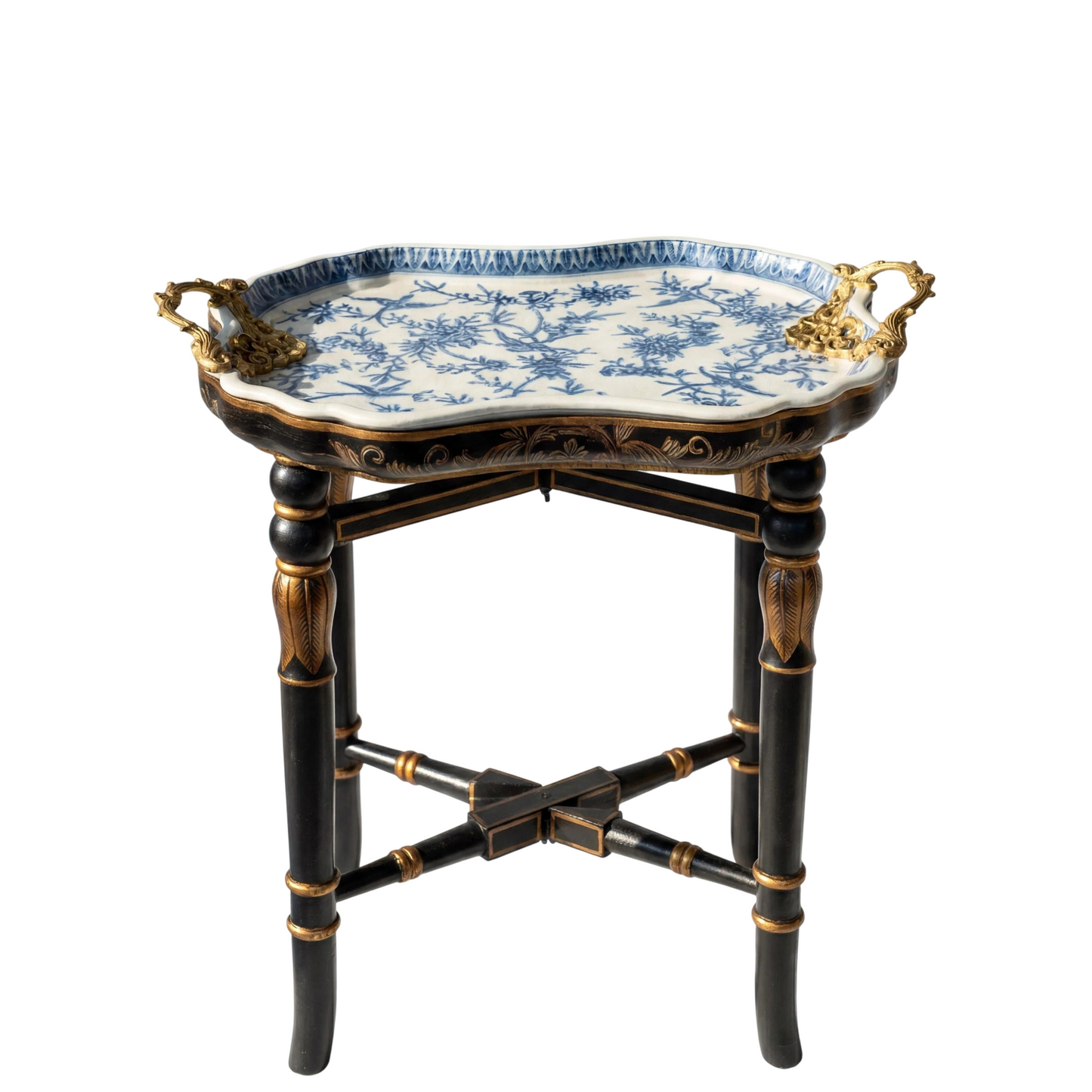 Blue and White Ceramic Tray Side Table with Brass Tone Handles, Hand Painted Porcelain Accent Table, Black Leg End Table for Living Room Bedroom Coffee Tea Table