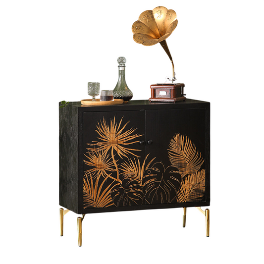 Black Wood Accent Cabinet, Gold Botanical 2-Door Storage, 31.5 Inch