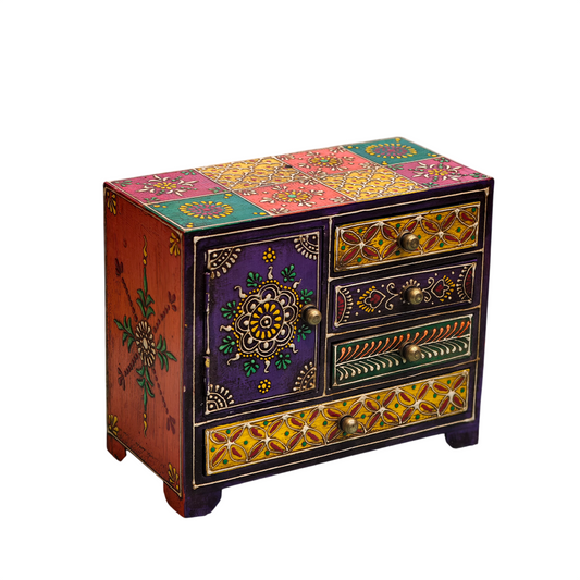 Multicolor Hand-Painted Wood Jewelry Box with Door and 4 Drawers