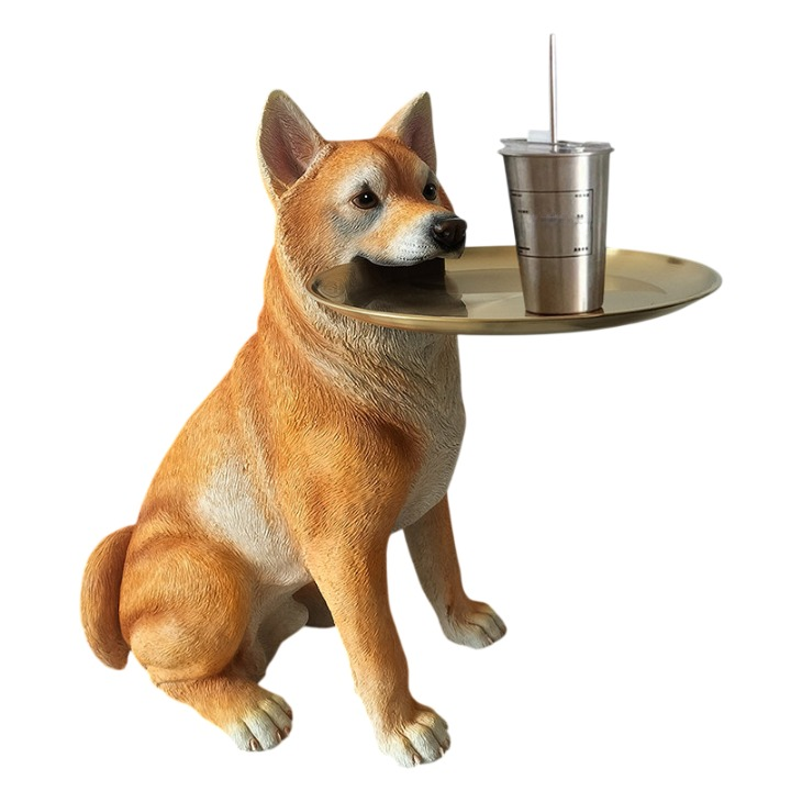 Shiba Inu Dog Statue Tray Holder, Yellow Resin Dog Floor Decor with Round Gold Tray, Cute Entryway Key Bowl Stand for Living Room, TV Cabinet, Bedroom and Housewarming Gift