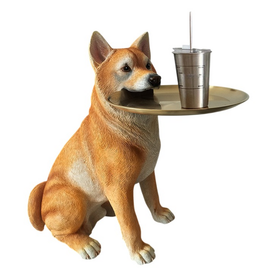 Shiba Inu Dog Statue Tray Holder, Yellow Resin Dog Floor Decor with Round Gold Tray, Cute Entryway Key Bowl Stand for Living Room, TV Cabinet, Bedroom and Housewarming Gift