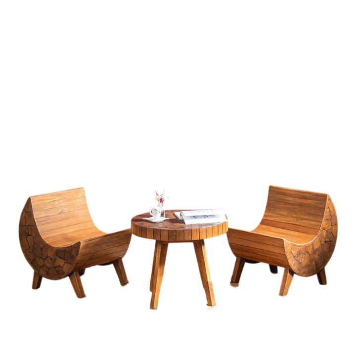 3 Piece Solid Wood Lounge Chair and Round Coffee Table Set, Rustic Small Space Living Room Sofa Set with Sculptural Wood Grain Design, Accent Chair Set for Balcony, Hotel, Club, Tea Room, and Apartment Decor