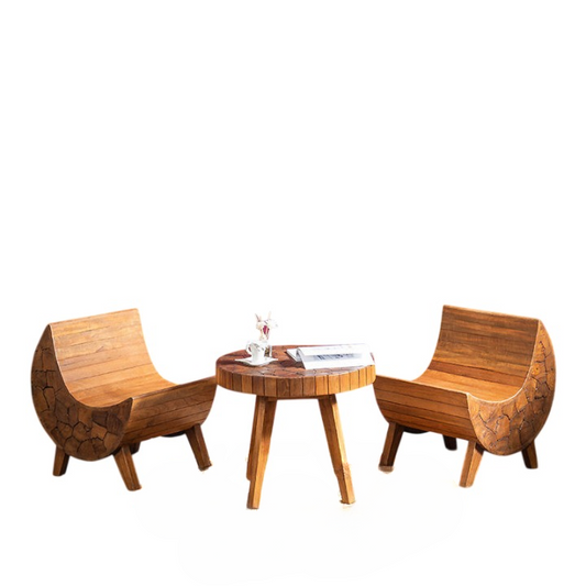 3 Piece Solid Wood Lounge Chair and Round Coffee Table Set, Rustic Small Space Living Room Sofa Set with Sculptural Wood Grain Design, Accent Chair Set for Balcony, Hotel, Club, Tea Room, and Apartment Decor