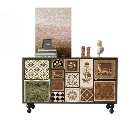 French Style Hand Painted Floral Deer Sideboard Cabinet, 120cm Solid Wood Accent Storage Cabinet, Decorative Entryway Console, Dining Room Buffet, Living Room Credenza