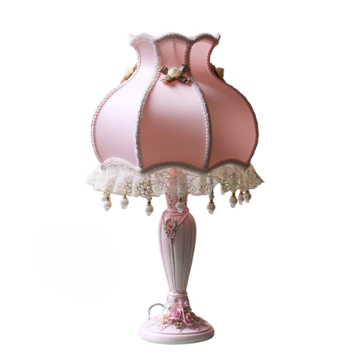 Pink Lace Table Lamp with White Wood Base, Fabric Shade and Button Switch