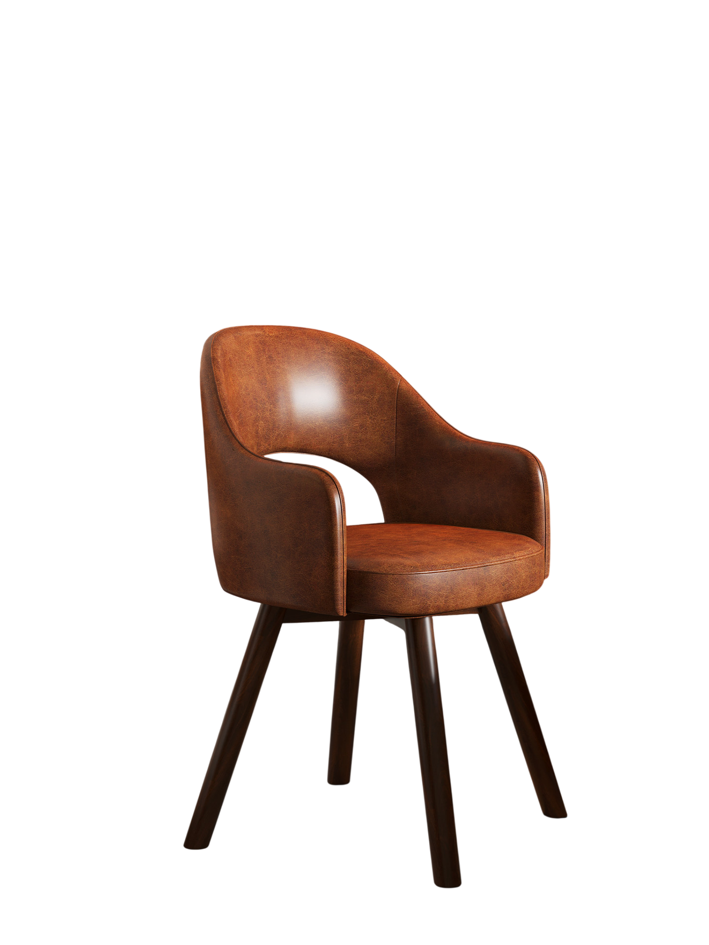 Brown Faux Leather Swivel Vanity Chair with Wood Legs and Open Back