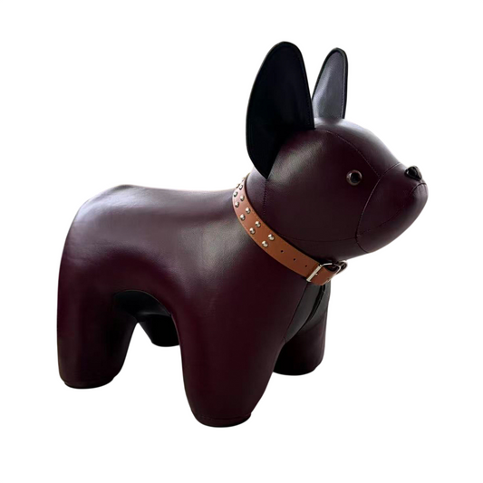 Burgundy Top-Grain Cowhide French Bulldog Floor Sculpture, Oversized Leather Dog Statue with Studded Collar, Freestanding Animal Decor for Living Room, Entryway, Office and Housewarming Gift