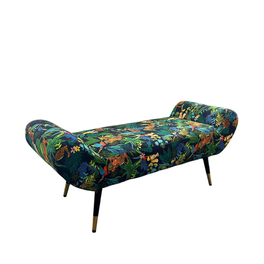 Navy Green Jungle Animal Print Upholstered Bench, Curved End-of-Bed Accent Ottoman with Black and Gold Legs, Modern Vintage Entryway Bench for Bedroom, Living Room, Foyer and Walk-In Closet