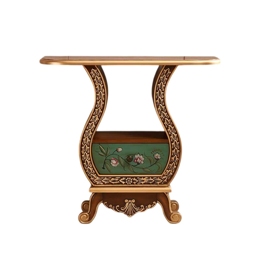 Solid Wood Console Cabinet with Drawer, Green Floral Accent Table