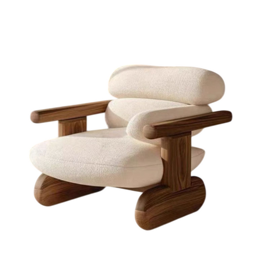White Boucle Accent Chair with Solid Ash Wood Arms for Living Room