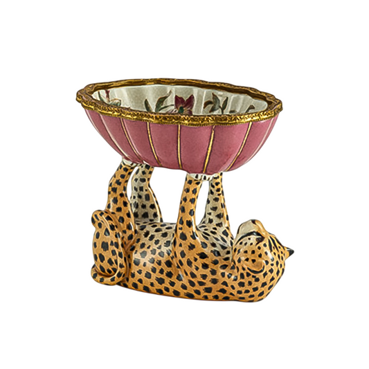 Leopard Soap Dish Decorative Tray, Pink Ceramic Style Bathroom Soap Holder with Gold Tone Animal Base, Small Vanity Dish for Sink Counter, Powder Room, Dresser, Tabletop and Luxury Home Decor