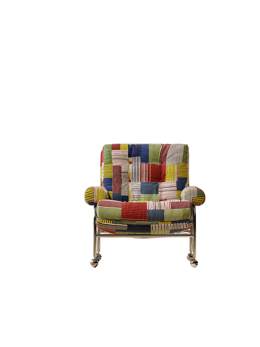Colorful Patchwork Upholstered Rolling Lounge Chair, Modern Single Sofa Chair with Metal Frame and Casters, Wide Cushioned Accent Chair for Living Room, Bedroom, Reading Corner, Office, Lounge, and Studio