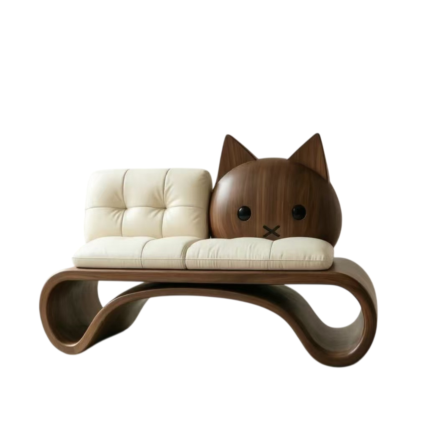 Black Walnut Cat Accent Loveseat with Cream Upholstery, Modern Sculptural Wood Sofa for Living Room, Bedroom, Reading Nook and Apartment