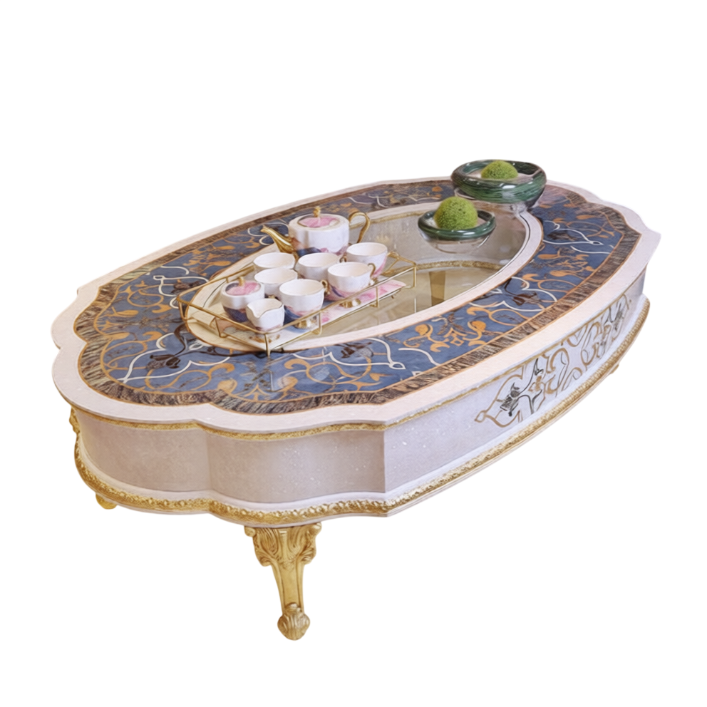 Luxury Oval Coffee Table with Decorative Glass Top, Classic French Italian Style Center Table, Elegant Wood Living Room Cocktail Table with Gold Carved Legs