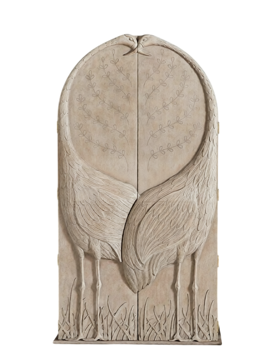 Carved Crane Armoire with Double Doors, Tall Beige Storage Cabinet