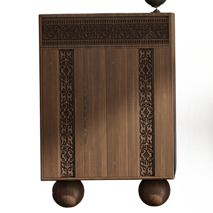 Walnut Brown Solid Wood Storage Cabinet, Carved 2-Door Chest