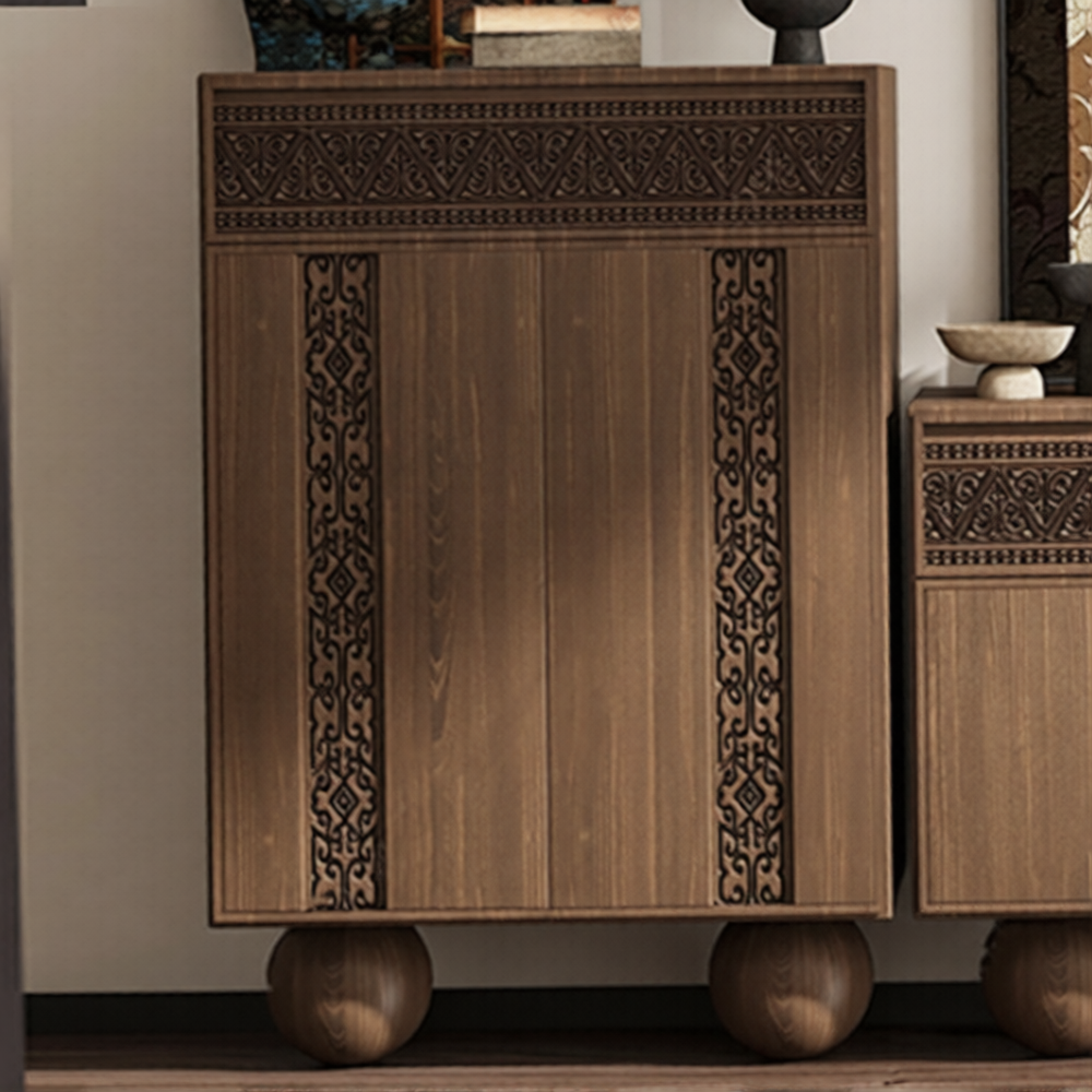 Walnut Brown Solid Wood Storage Cabinet, Carved 2-Door Chest