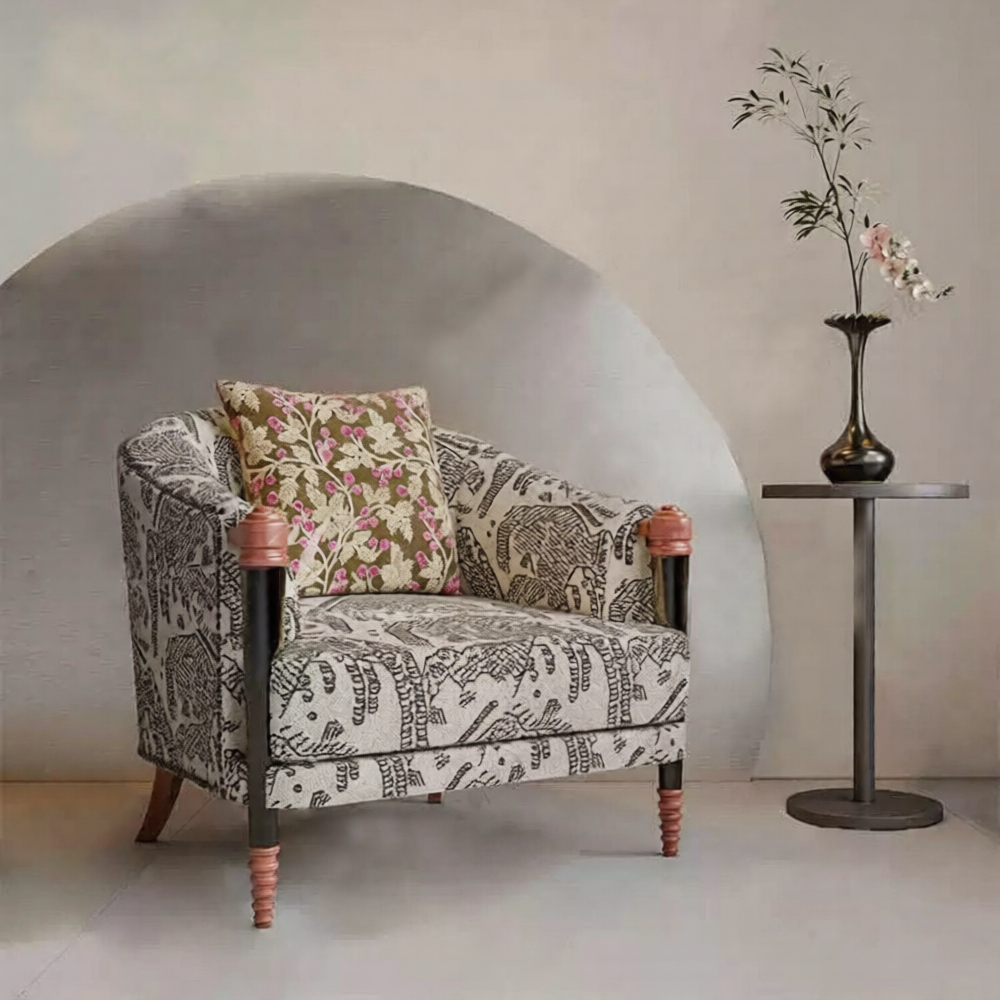 French Country Upholstered Accent Armchair, Vintage Pattern Fabric Lounge Chair with Solid Wood Turned Legs, Classic Cigar Club Chair for Living Room, Bedroom, Reading Nook, Office, Hotel &amp; Reception Seating