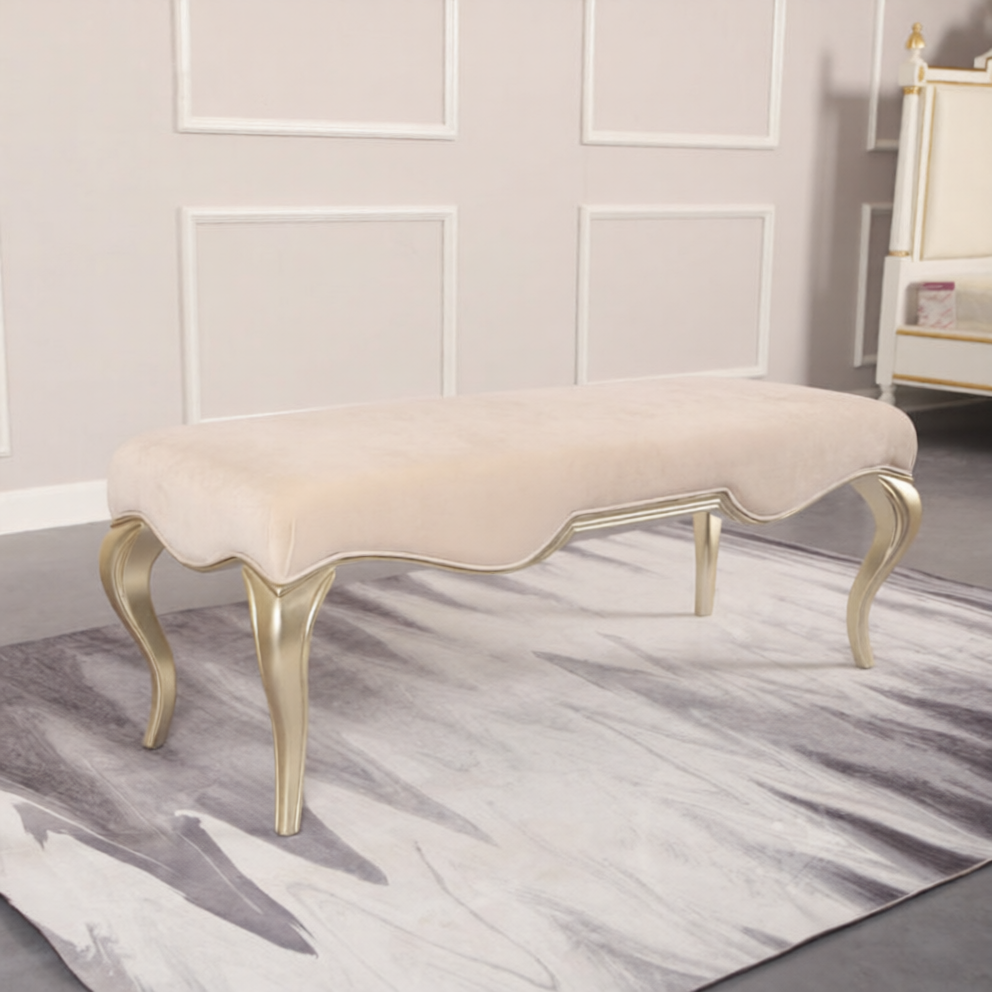 Upholstered Bedroom Bench, Cream End of Bed Bench with Solid Wood Gold Finish Legs, French Style Vanity Bench, Entryway Shoe Bench, Living Room Ottoman Bench