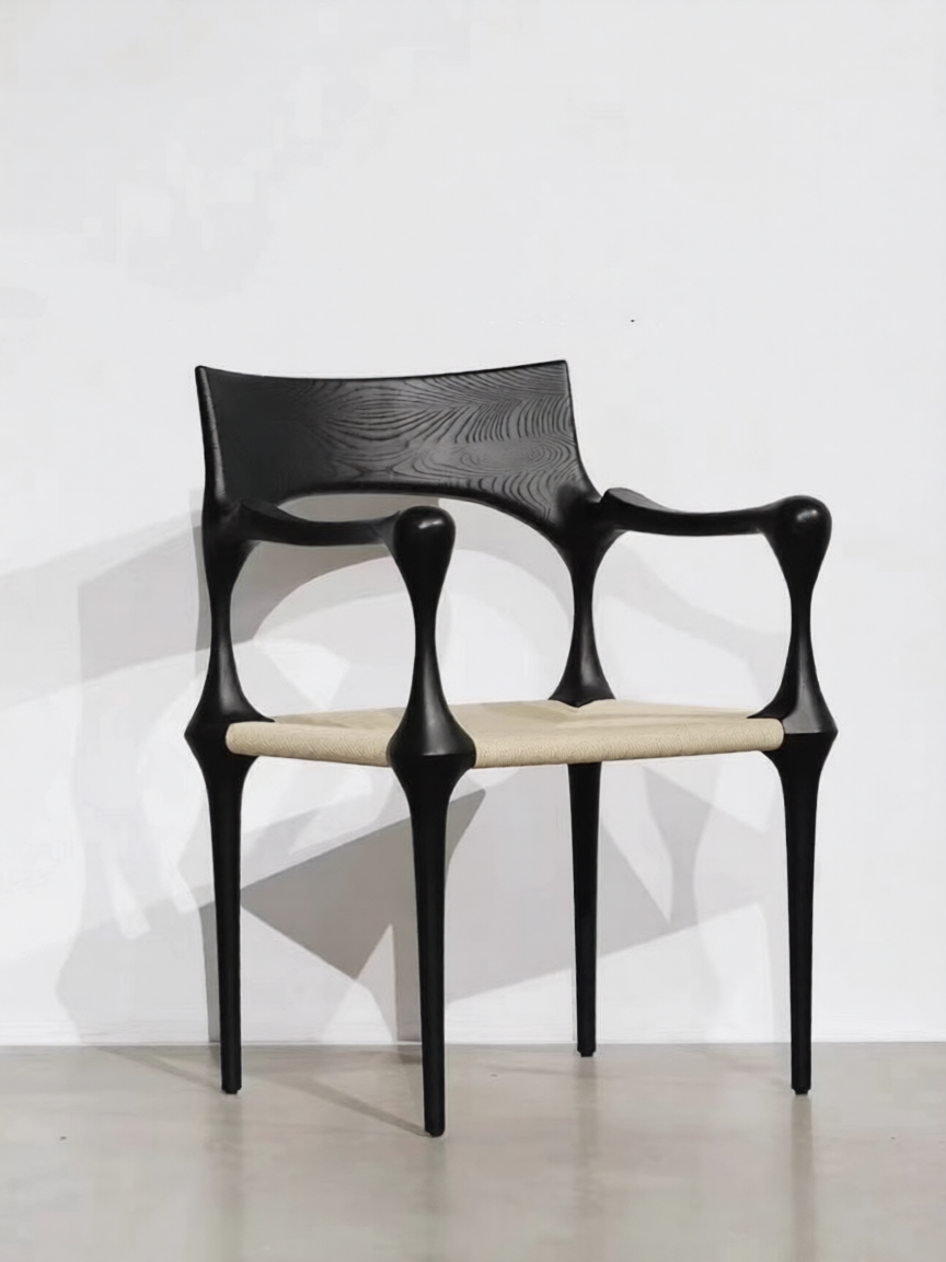 Black Sculptural Wood Dining Chair with Cane Seat, Modern Artistic Armchair, Solid Wood Accent Chair for Dining Room, Kitchen, Cafe, Reading Nook, and Designer Style Interiors