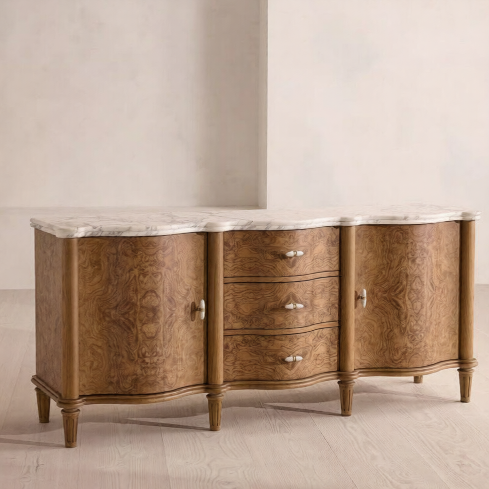 Marble Top Sideboard Buffet Cabinet, Burl Wood Grain Storage Cabinet with Drawers and Doors for Dining Room, Living Room, Entryway, Hotel