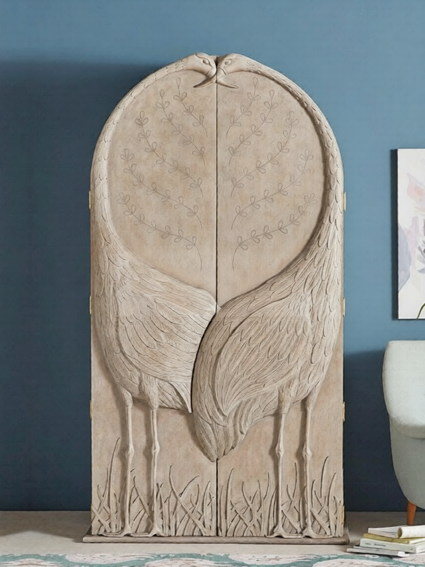 Carved Crane Armoire with Double Doors, Tall Beige Storage Cabinet