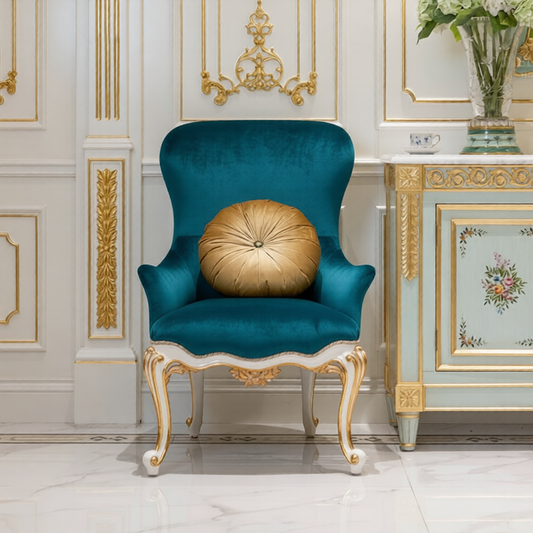 Teal Velvet Accent Chair with High Back and Gold Tone Carved Wood Legs, Upholstered Armchair for Living Room, Bedroom, Vanity Room, Reading Corner, Lounge, Office and Luxury Home Decor