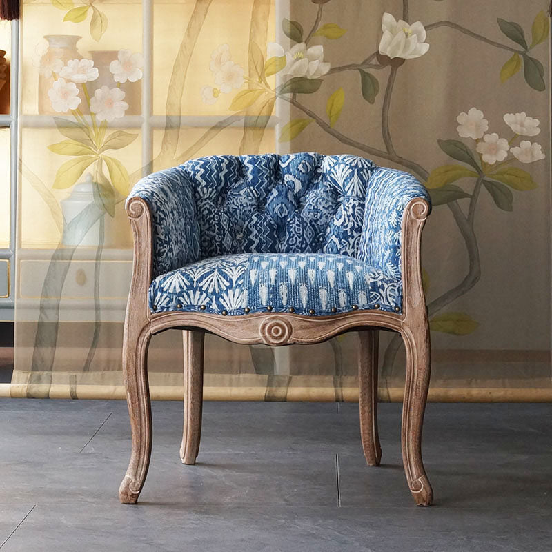 Blue Patchwork Barrel Accent Chair with Carved Wood Frame