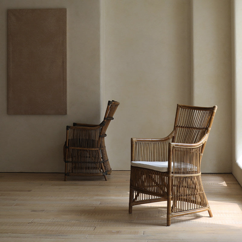 Natural Rattan Armchair with White Cushion, High Back, Vintage Brown