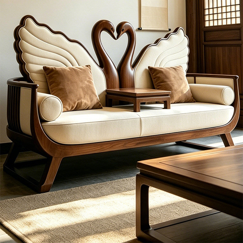 Ash Wood Swan Loveseat Sofa with Integrated Center Table, Upholstered 2 Seat Living Room Sofa, Luxury Accent Couch for Living Room, Office, Hotel &amp; Reception