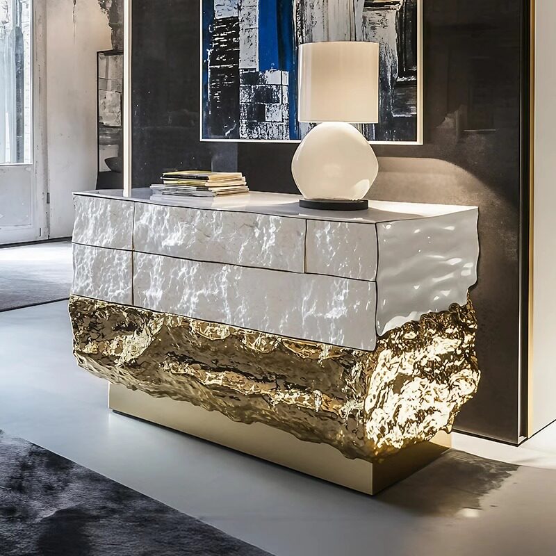 White and Gold Luxury Sideboard Cabinet, Modern Storage Credenza with Sculpted Stone-Look Front and Textured Gold Base, Buffet Cabinet for Dining Room, Living Room, Entryway, Hallway