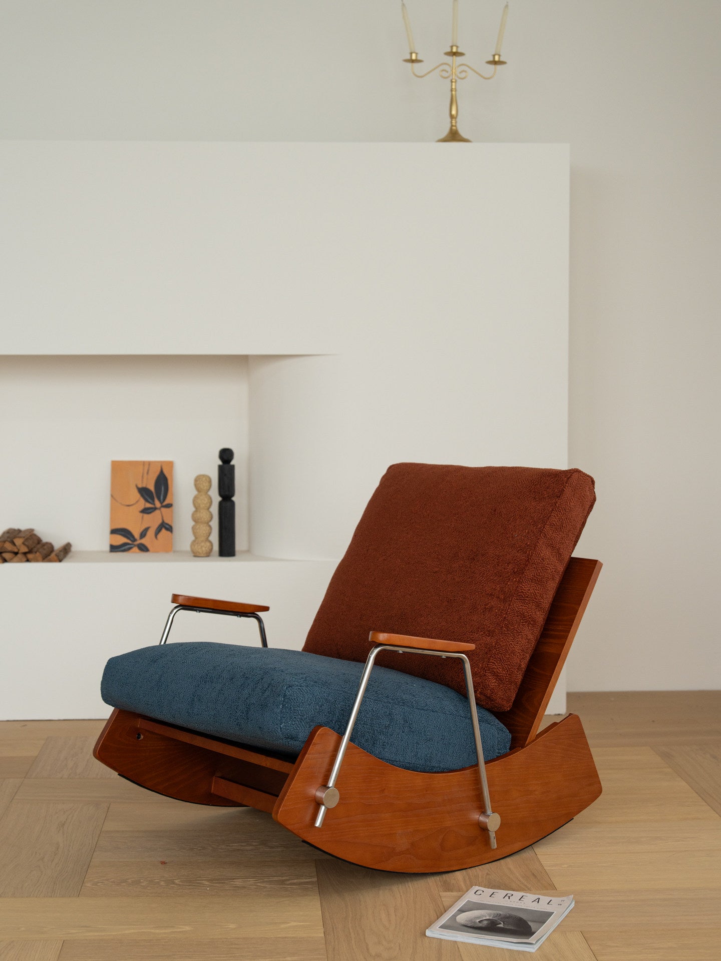 Two-Tone Upholstered Rocking Chair, Wood Frame Lounge Accent Chair
